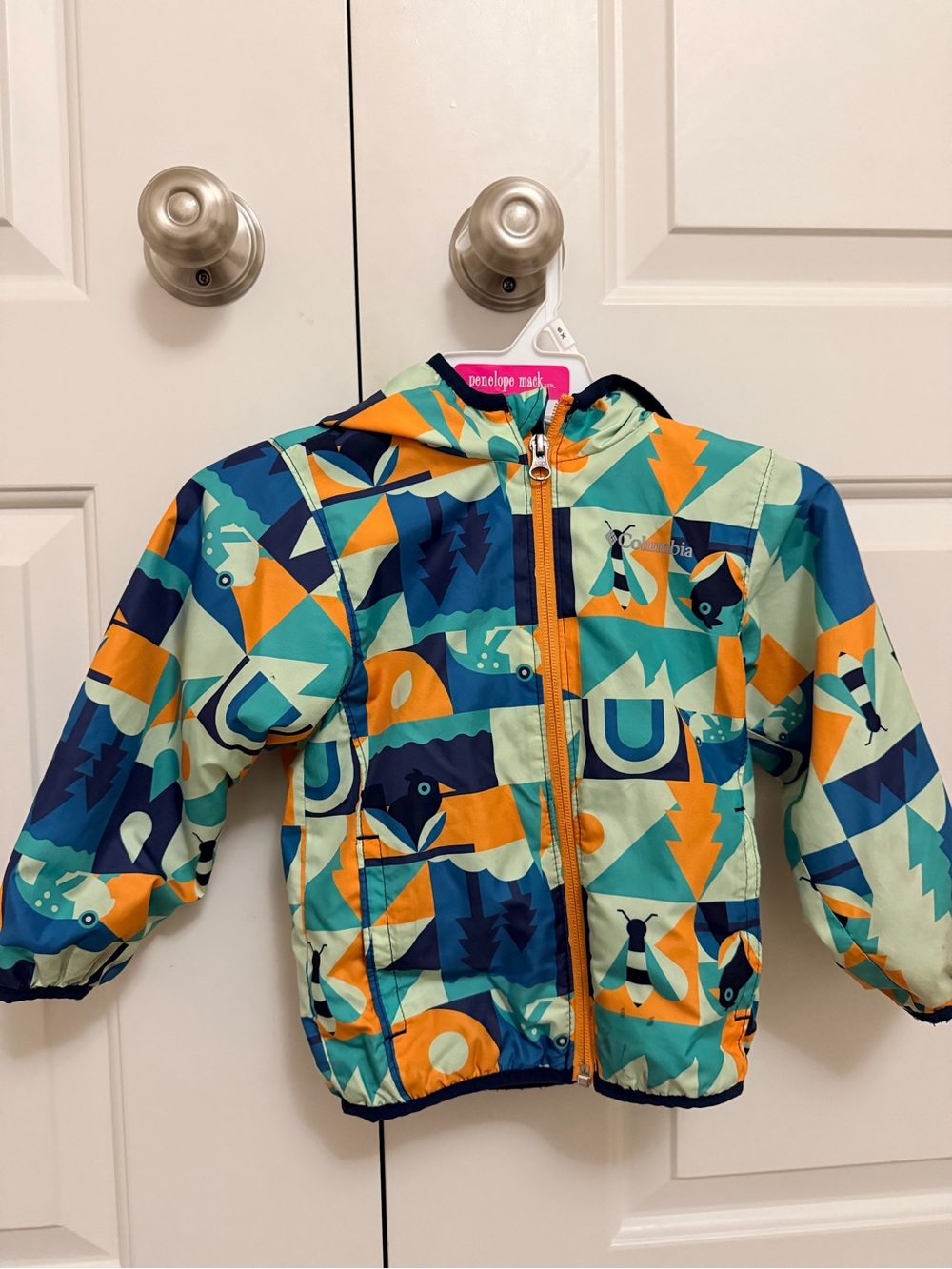 Columbia Kids' Teal Blue Orange Geometric Hooded Rain Jacket